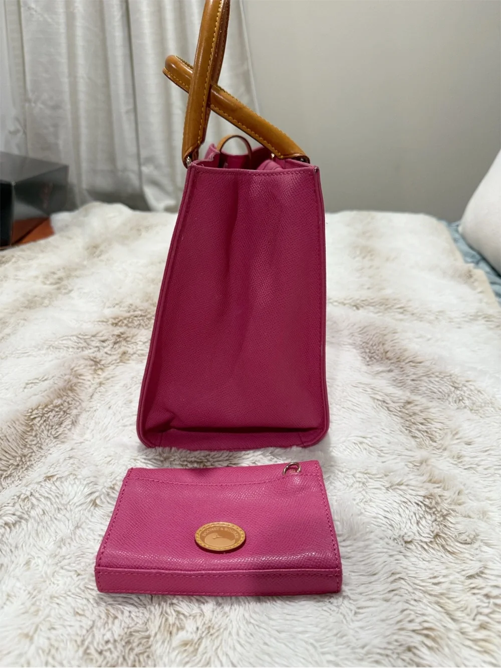 Dooney & Bourke PINK Tote with Tan Leather Handles & matching wallet.